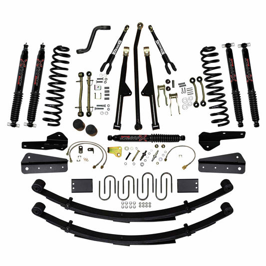 6 In Lift 84-01 Cherokee XJ Sys W/Front DR/LT Coil Springs Pitman Arm Bump Stop Spacers Lower and Upper Adjust Control Arms Sway Bar End Links Adjust Track Bar Brakelines Shackles U-bolts Rear Leaf Springs Black Max Shocks Skyjacker