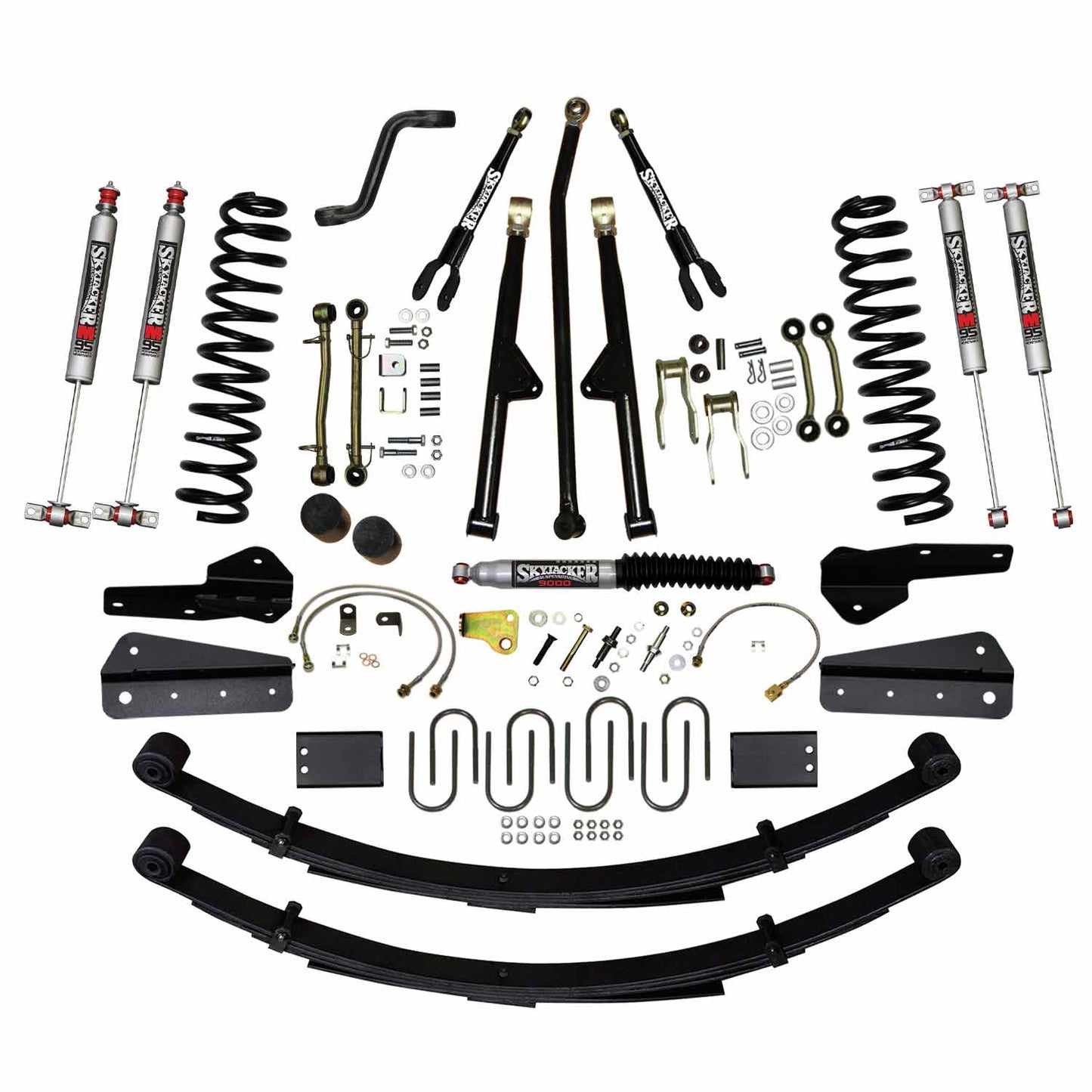 6 In Lift Sys 84-01 Cherokee XJ W/Front DR/LT Coil Springs Pitman Arm Bump Stop Spacers Lower and Upper Adjust Control Arms Sway Bar End Links Adjust Track Bar Brakelines Shackles U-bolts Rear Leaf Springs M95 Monotube Shocks Skyjacker