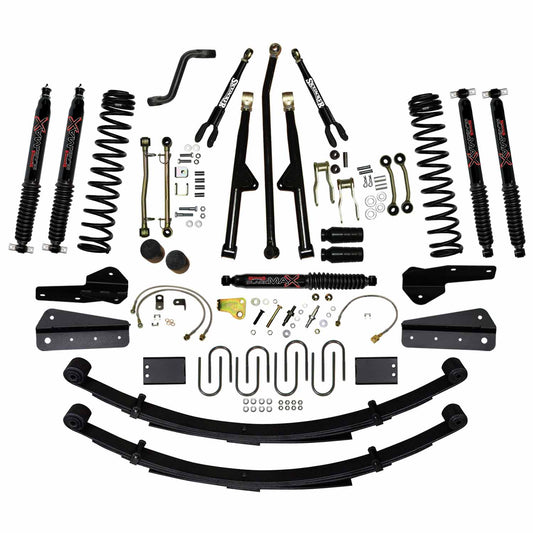 8 In Lift Sys 84-01 Cherokee XJ W/Front DR/LT Coil Springs Pitman Arm Bump Stop Spacers Lower and Upper Adjust Control Arms Sway Bar End Links Adjust Track Bar Brakelines Shackles U-bolts Rear Leaf Springs Black Max Shocks Skyjacker