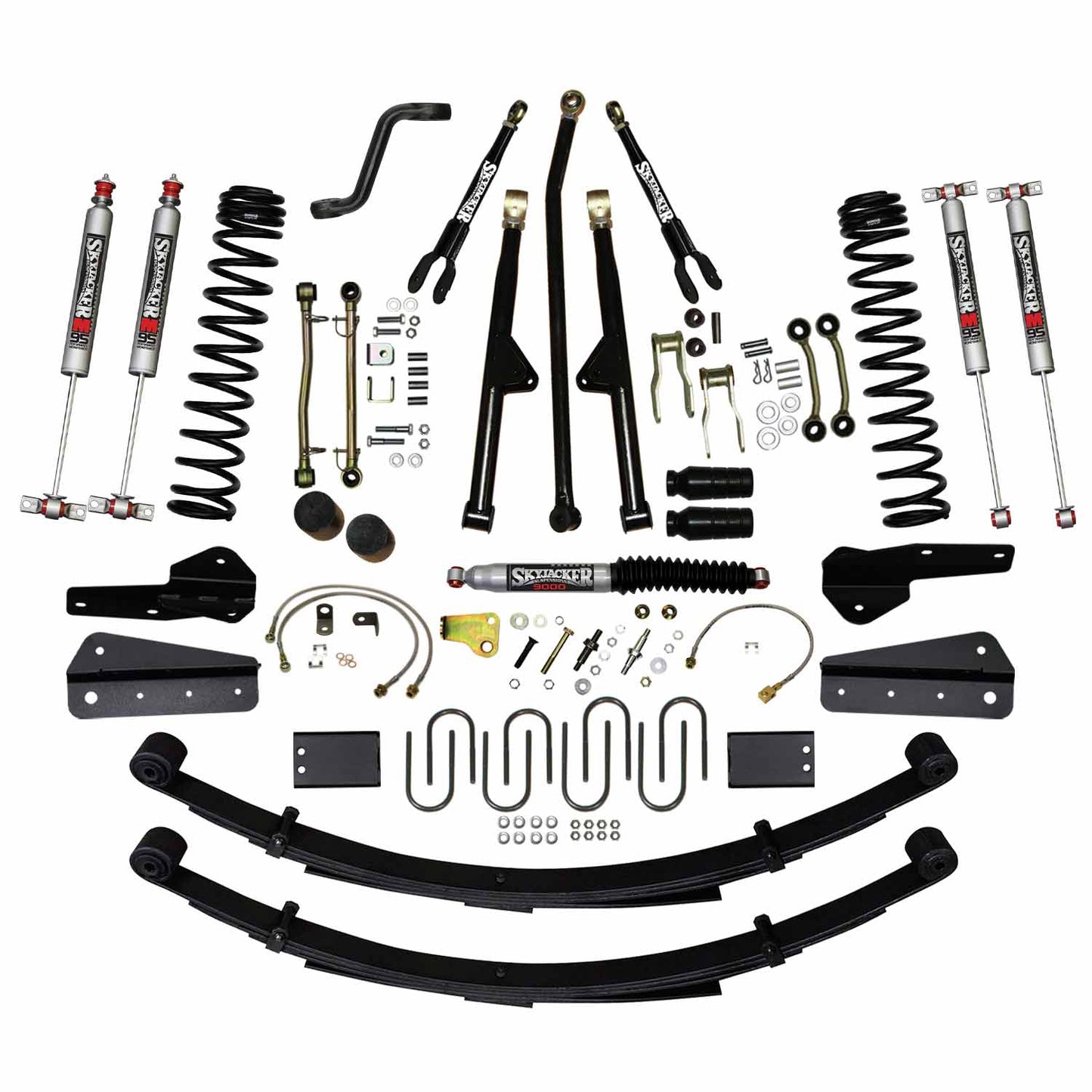 8 In Lift Sys 84-01 Cherokee XJ W/Front DR/LT Coil Springs Pitman Arm Bump Stop Spacers Lower and Upper Adjust Control Arms Sway Bar End Links Adjust Track Bar Brakelines Shackles U-bolts Rear Leaf Springs M95 Monotube Shocks Skyjacker