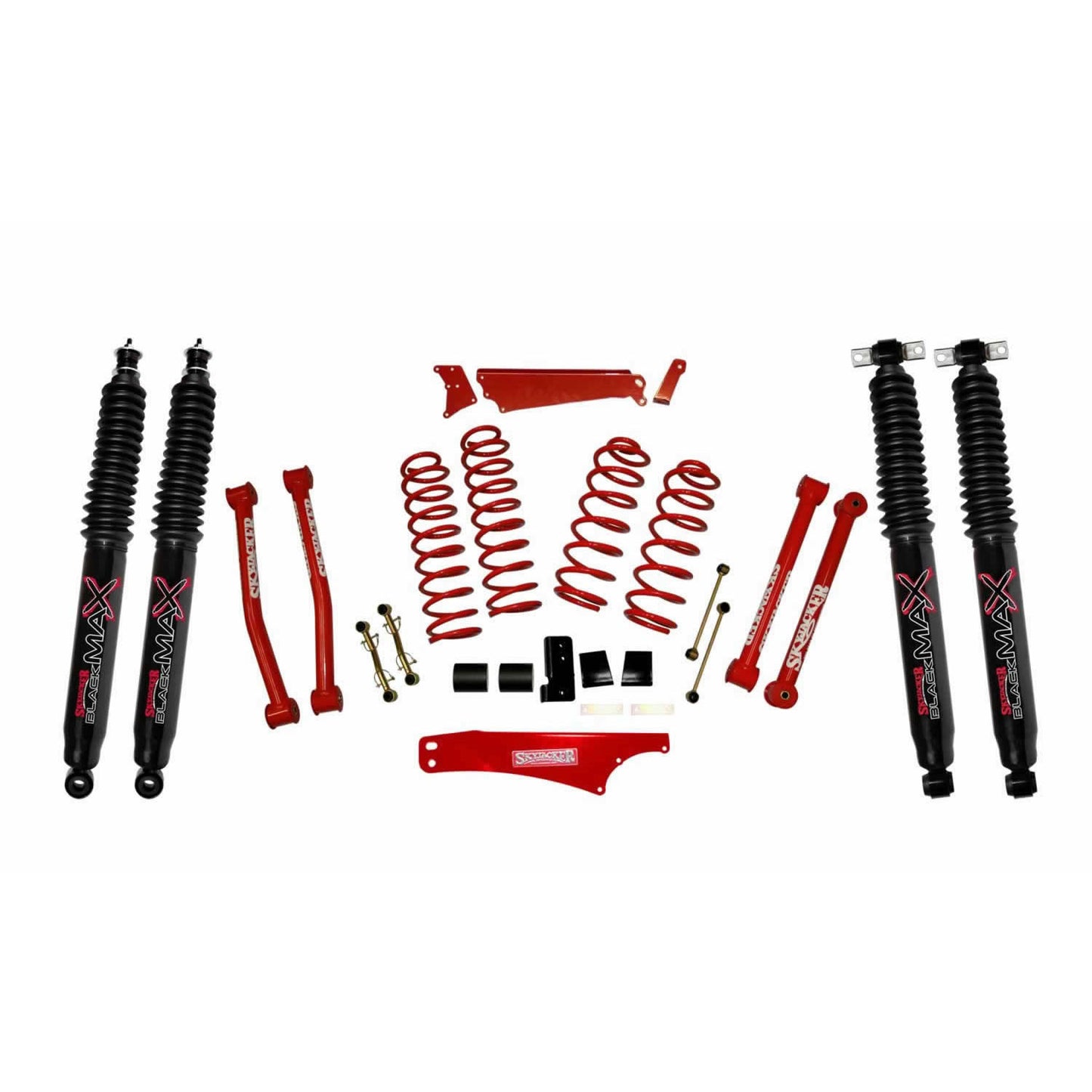 Suspension Lift Kit 07-18 Wrangler JK w/Shock Black MAX Shocks 4 - 5 Inch Lift Incl. Front/Rear Track Bar Brace Front/Rear Springs Lower Links Brake Line Bracket Red Powder Coated Skyjacker