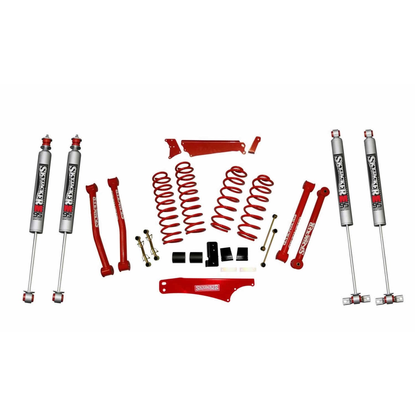 Suspension Lift Kit 07-18 Wrangler JK w/Shock M95 Performance Shocks 4 - 5 Inch Lift Incl. Front/Rear Track Bar Brace Front/Rear Springs Lower Links Brake Line Bracket Red Powder Coated Skyjacker