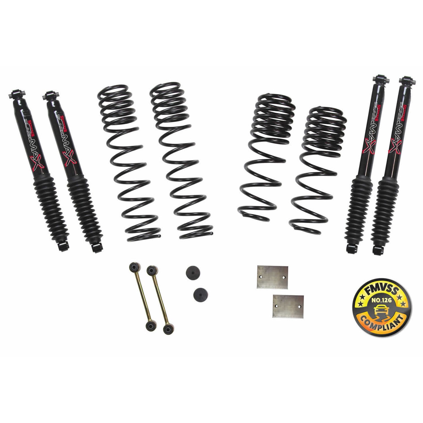 Suspension Lift Kit w/Shock 1-1.5 Inch Lift 18-19 Jeep Wrangler W/Front And Rear Dual Rate/Long Travel Series Coil Springs Extended Sway Bar End Links Grade 8 Mounting Hdwr Black MAX Shocks Skyjacker