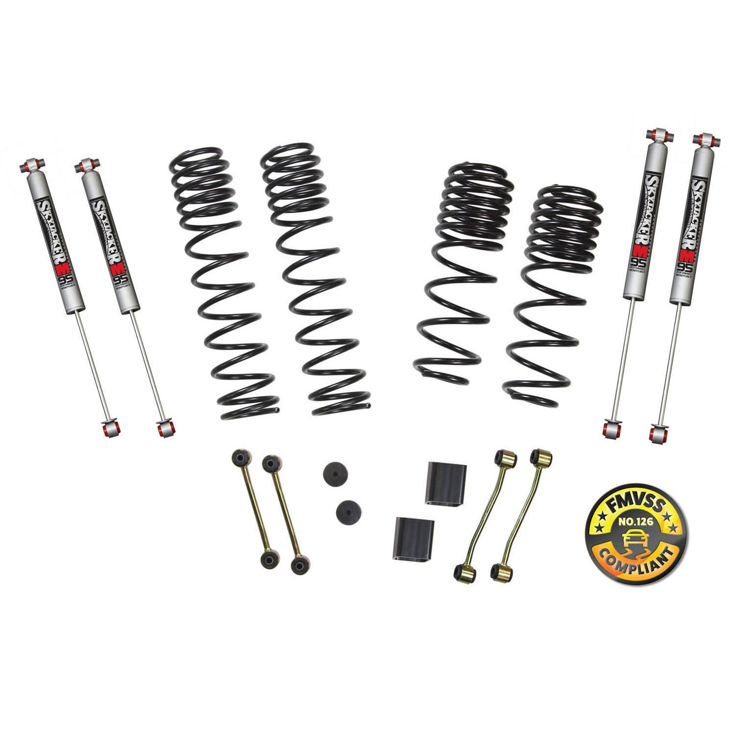 Long Travel Series Suspension Lift Kit w/Shocks 2-2.5 Inch Lift 18-19 Jeep Wrangler Rubicon Incl. Long Travel Coil Springs Extended Sway Bar Links Bump Stop Extensions Long Travel M95 Monotube Shocks Skyjacker