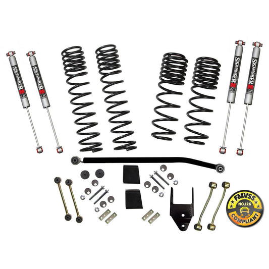 Long Travel Series Suspension Lift Kit w/Shocks 3.5 Inch Lift 18-19 Jeep Wrangler Sport 18-19 Jeep Wrangler Sport S Incl. Long Travel Coil Springs Extended Sway Bar Links Bump Stop Extensions Long Travel M95 Monotube Shocks Skyjacker