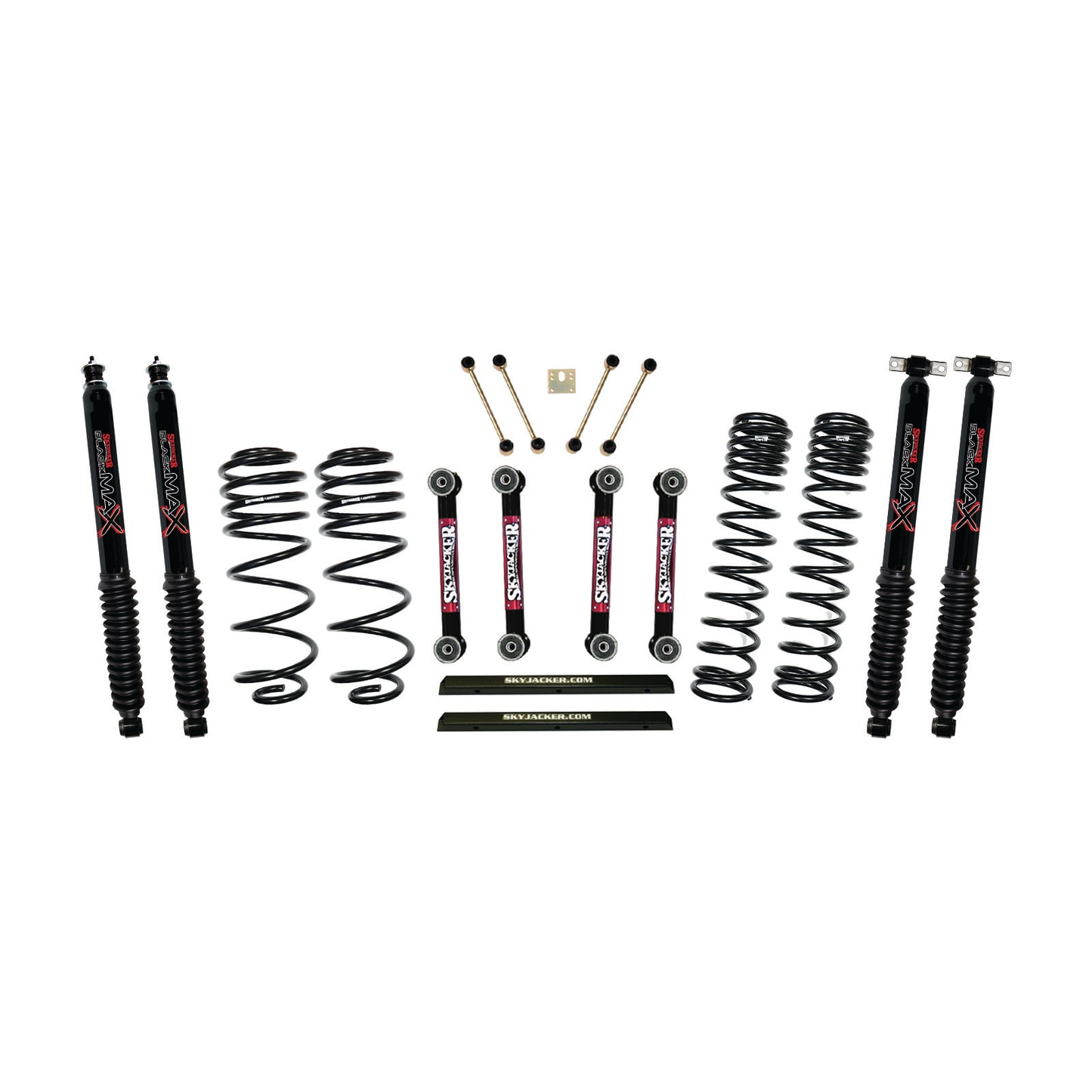 4 Inch Dual Rate Long Travel One Box Kit w/OE Style Front and Rear Links and Black Max Shocks TJ/LJ 1997-2002 Jeep Wrangler Skyjacker