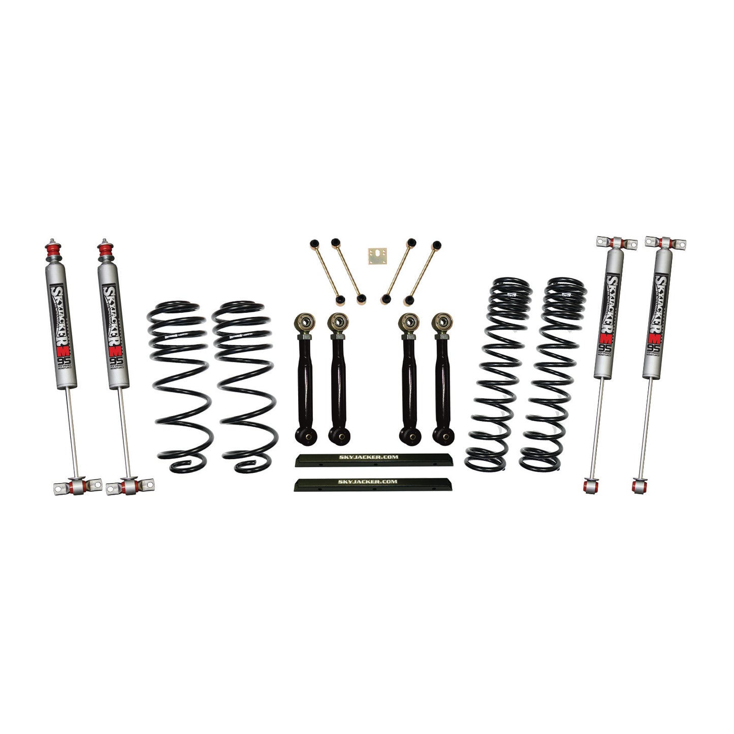 4 Inch Dual Rate Long Travel One Box Kit w/Adjustable Front and Rear Lower Flex Links and M95 Monotube Shocks TJ/LJ 1997-2002 Jeep Wrangler Skyjacker